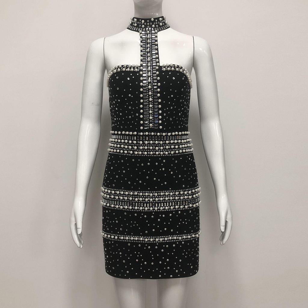 2025 Autumn/Winter European Fashion Pearl Rhinestone Halter Bandage Dress