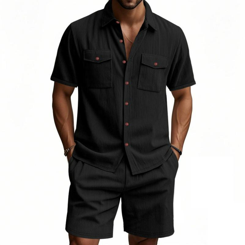 Summer Men's Solid Color Pocket Shirt, Short-sleeved Shorts, Two-piece Suit