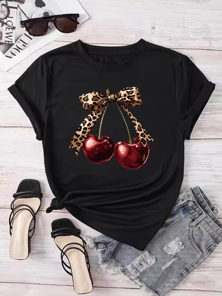 New Summer Women T Shirt Fashion Cherry Bow Print Short Sleeve T-Shirts Casual Streetwear Hip Hop Y2k Clothes Tops