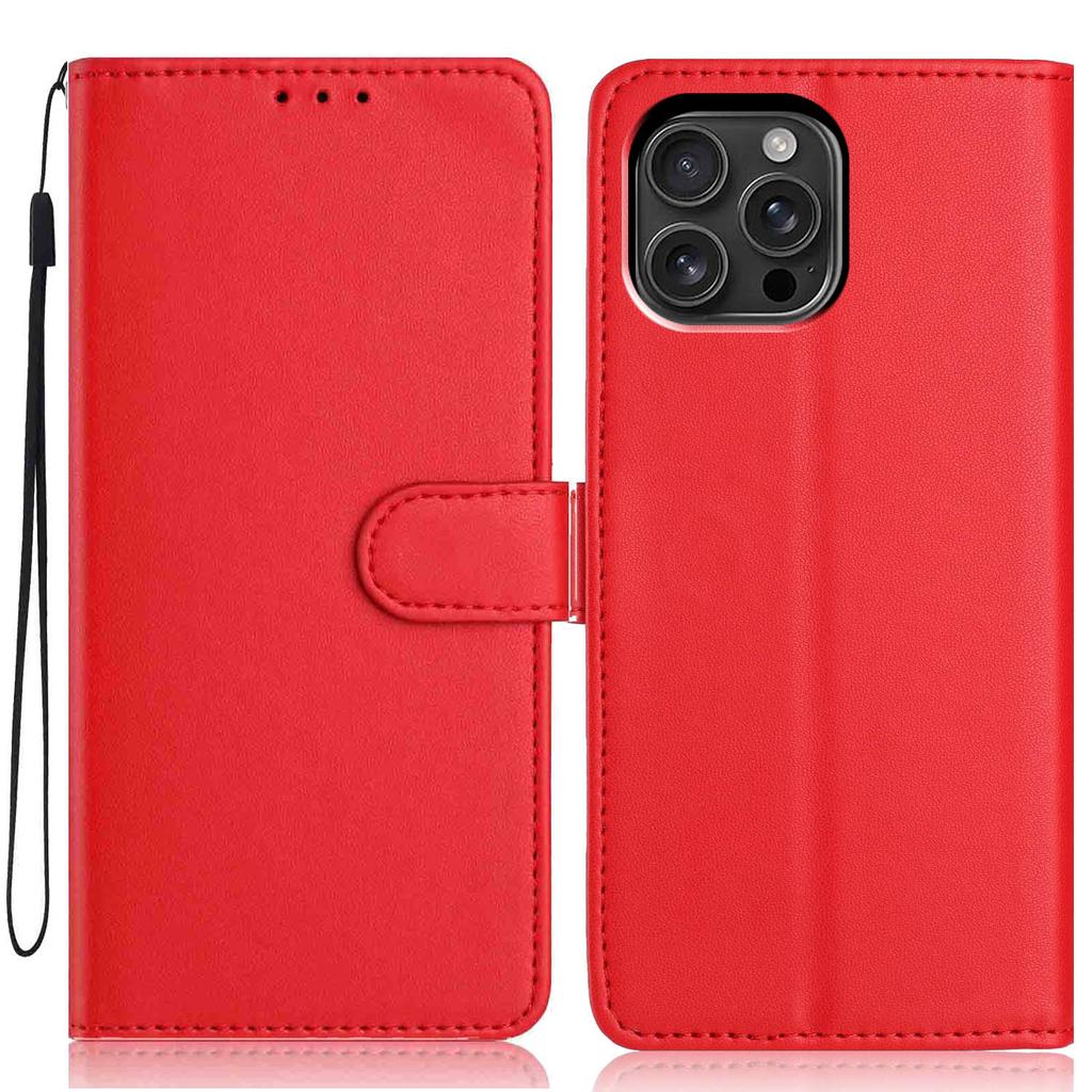 For iPhone 16 Pro Max Wallet Case with Strap/Multiple Card Slots Solid Color Leather Stand Phone Cover