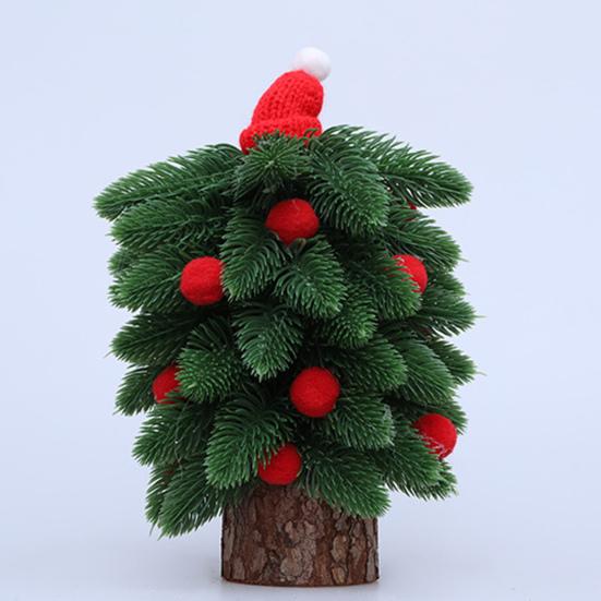 Tabletop Mini Christmas Tree Small Artificial Pine Tree with Wooden Base And Red Balls for Indoor Home Kitchen Dining Table Decor