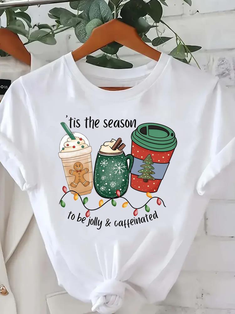 (Asian Size) star tree happy new year Tee merry Christmas festival O-neck Clothing Women's Top T Print Fashion ladies Graphic T-shirts