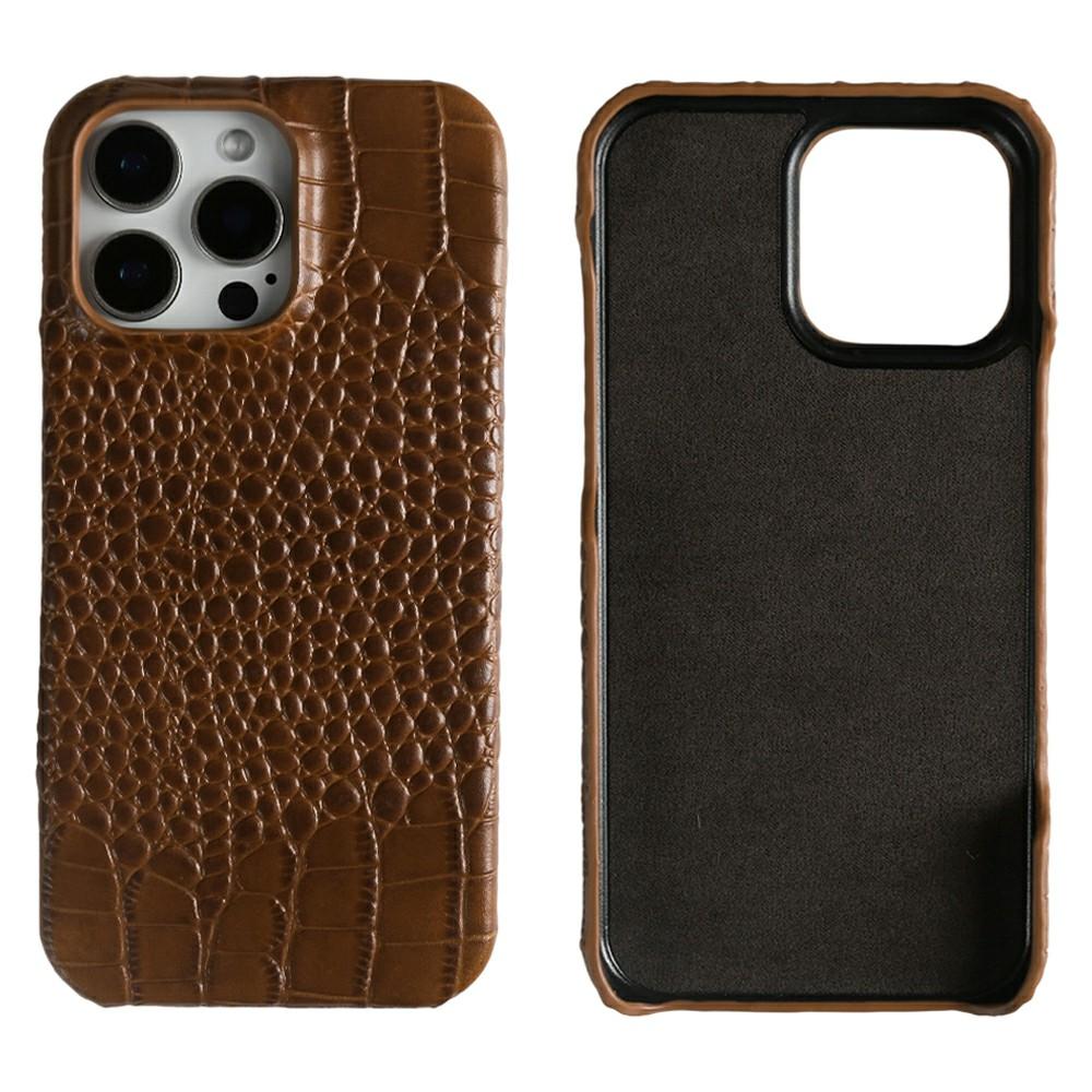 For iPhone 16 Pro Case Crocodile Texture Genuine Cow Leather Coated PC Phone Cover
