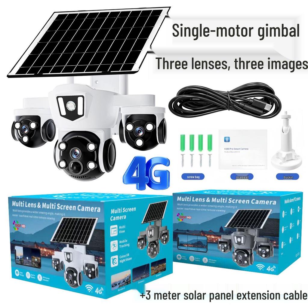 V380 4G Solar Camera with Three-Lens, Three-Axis Gimbal for Home Monitoring - Wireless, Low Power Battery.