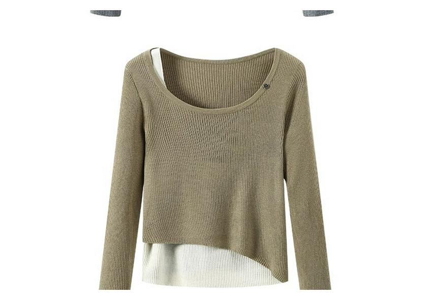 2026 Spring Women's Asymmetrical Patchwork Ribbed Knit Sweater - Slimming Two-Piece Look