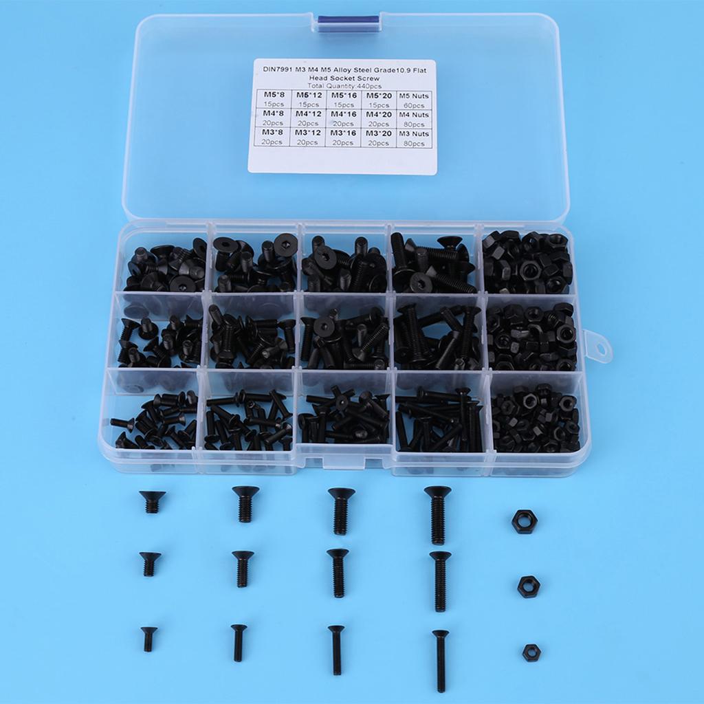 440pcs Alloy Steel M3 M4 M5 Hex Socket Flat Head Screw Nut with Plastic Case