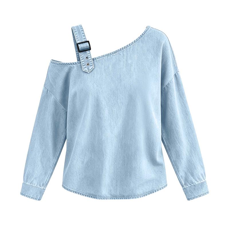 Denim Off-the-Shoulder Long Sleeve Oversized Casual Loose Tops Women Spring Autumn T-shirt