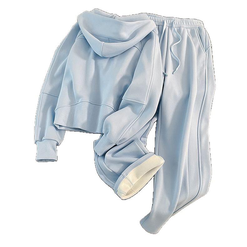 Autumn/Winter Fashion Velvet Hooded Sweatshirt & High-Waisted Wide-Leg Pants Set