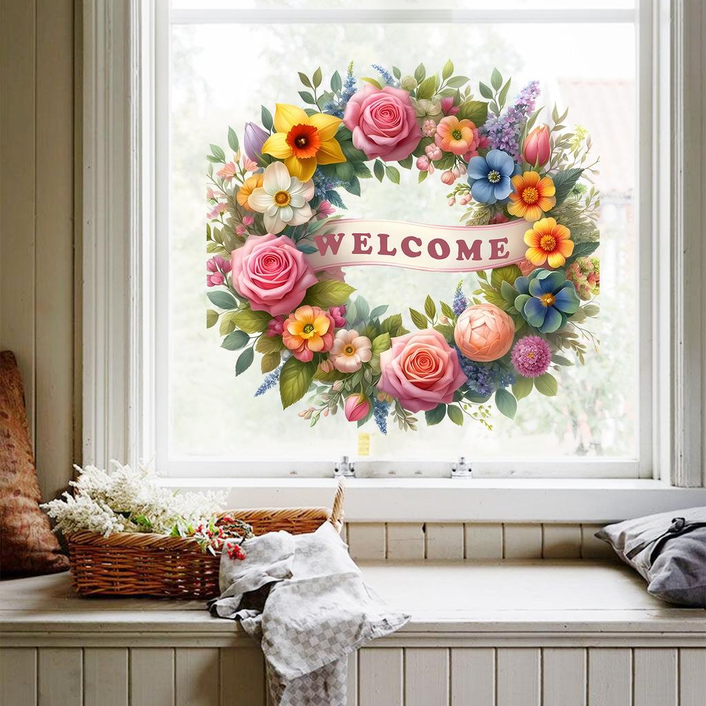 Welcome Wreath Static Cling Window Sticker Self-Adhesive Removable Bedroom Living Room Balcony Glass Door Home Decor Art