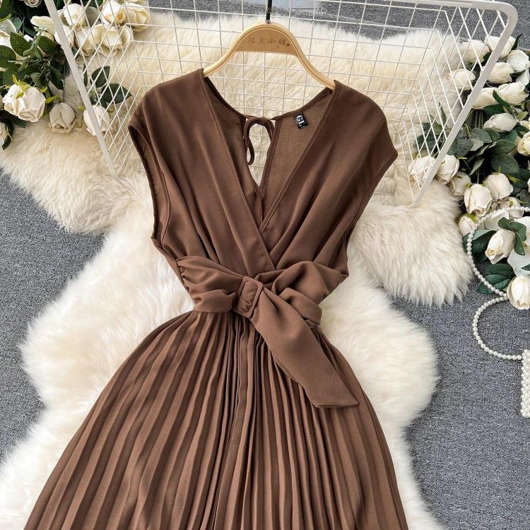 Sommer Neues Französisches Chic Maxikleid Damen V-Ausschnitt Ärmellos Schnürung A-Linie Falten Damenkleider Damen