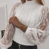 Women  Loose Casual Solid Stitching Long-Sleeved Knitted Lace Sweater