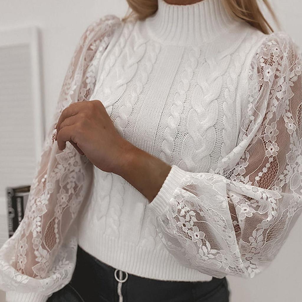 Women  Loose Casual Solid Stitching Long-Sleeved Knitted Lace Sweater