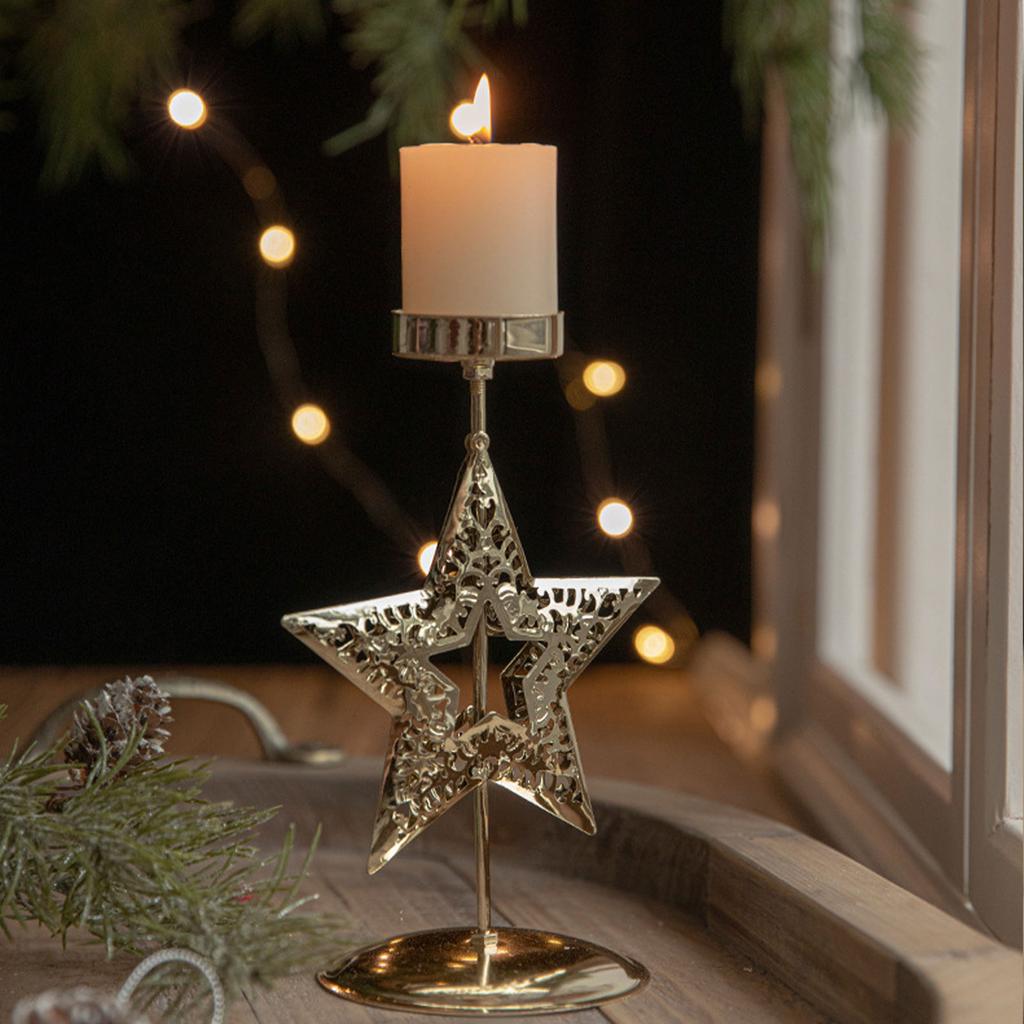 Iron Candle Holder Stand with Christmas Flower Star Snowflake Elk Tree Pattern Candlestick for Home Tabletop Decoration