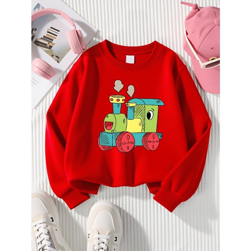 Kids Crewneck Sweatshirt, Colorful Toy Train Engine Graphic Print,Spring Autumn Casual Sport Tops