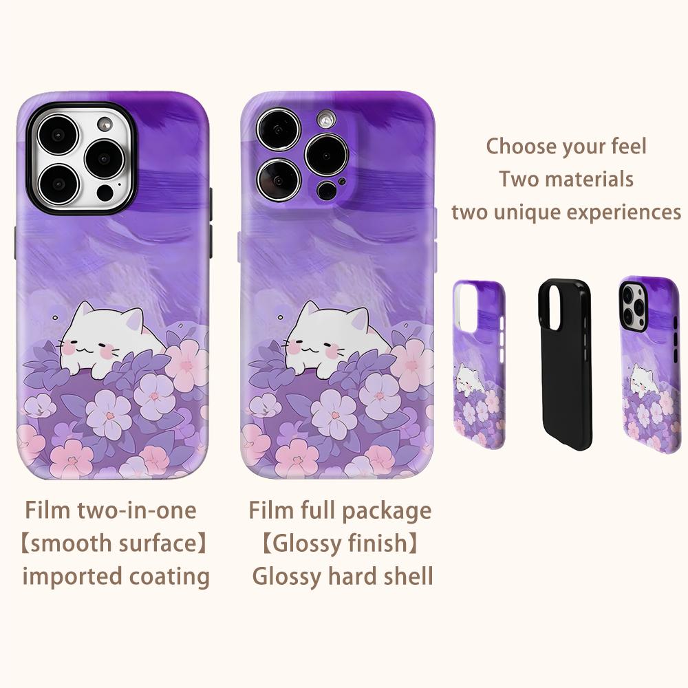 Purple Floral Kitten Phone Case for IPhone 17AIR 16E 16 15 14 13 12 11 17 Pro Max Plus Double-layer Back Cover