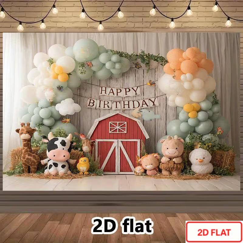 

2D Farm Animal Photography Background, Red Barn with Cute Barnyard Animals and Pastel Balloon Kids Birthday Decor Banner 47.2x31.5inch/120*80cm
