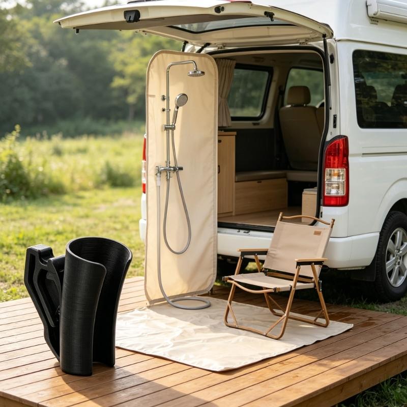 Camping Wash Station Shower Bracket with ABS Plastic Clip-On Cradle for Rear Vehicle Rinse Placement and Storage Use