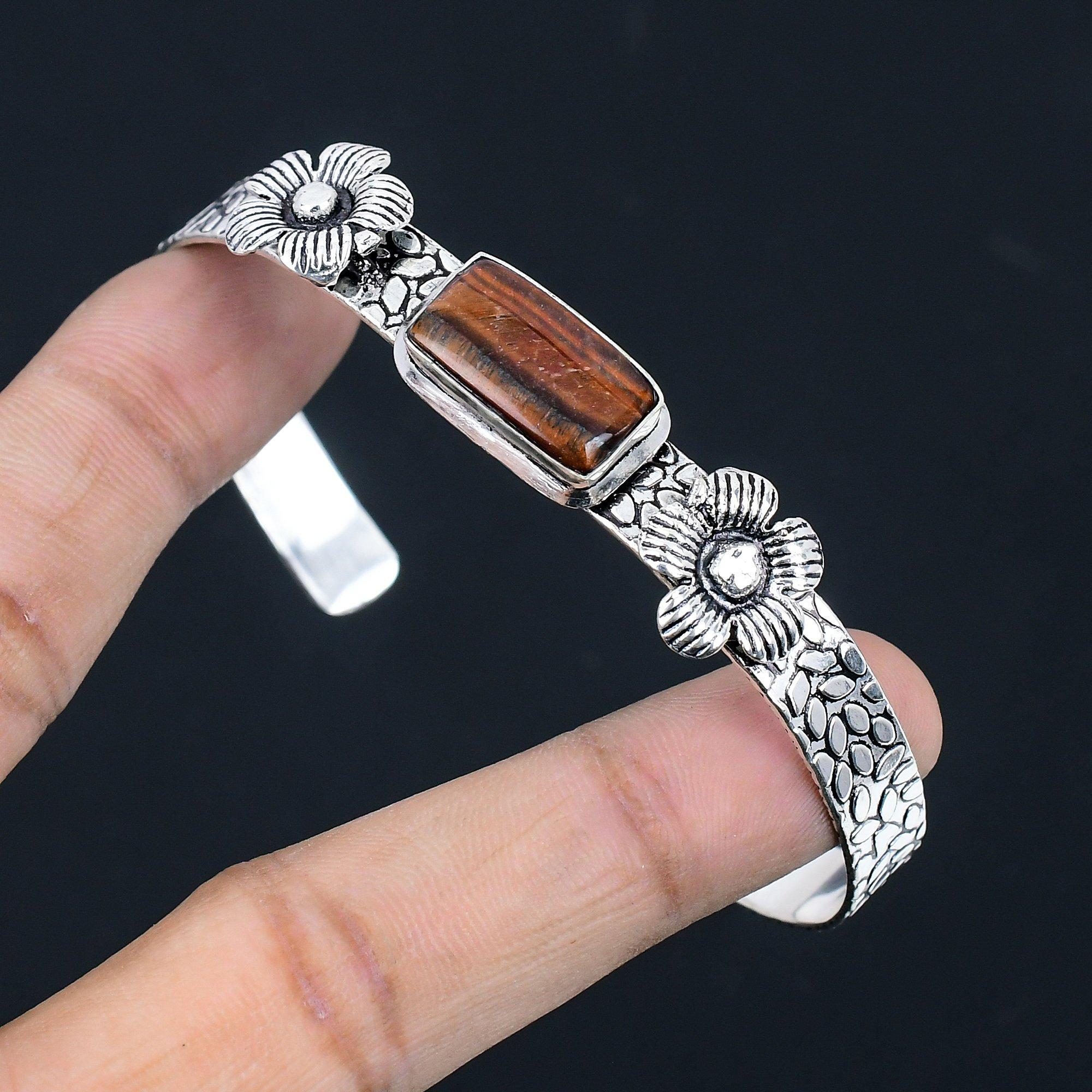 

Wedding Gift For Her 925 Silver Natural Iron Tiger Eye Bangle Flower Adjustable Adjustable