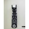 Foreign Trade Original Garment Elements Vacation Artistic Black and White Graffiti Wave Pattern Suspender Skirt Cotton Linen Strap Long dress