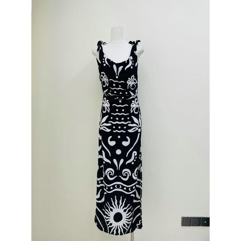 Foreign Trade Original Garment Elements Vacation Artistic Black and White Graffiti Wave Pattern Suspender Skirt Cotton Linen Strap Long dress