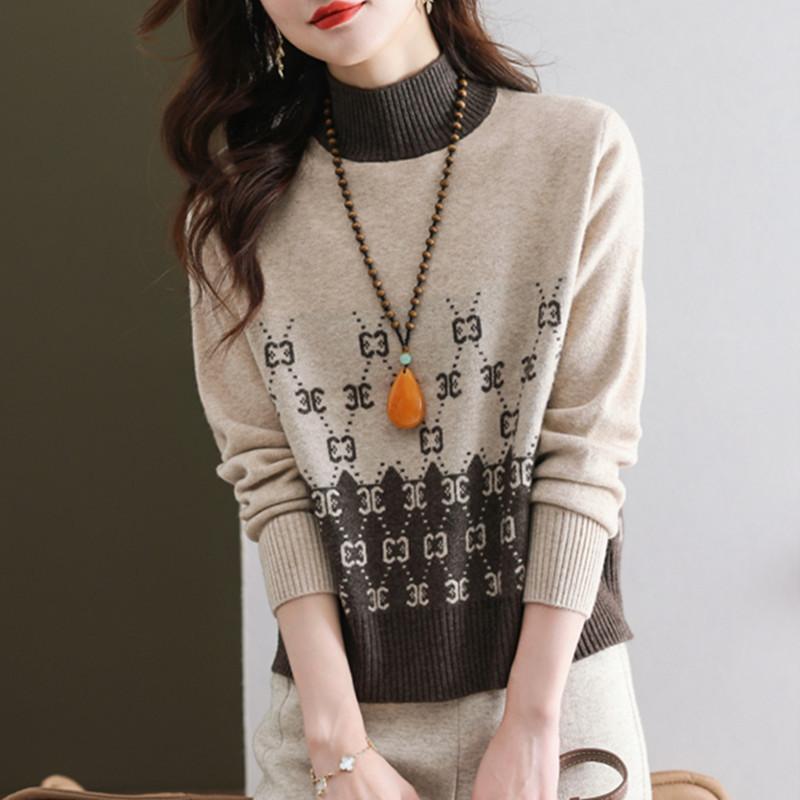 Short Sweater Women's Autumn and Winter Half Turtleneck Knitted Sweater Loose and Casual Long-sleeved Pullover