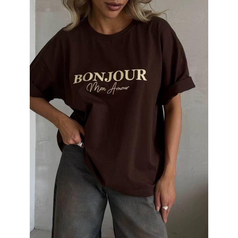 Printed T-shirt Top Western Style New Fashion Casual Loose round Neck Print Cotton T-shirt Top