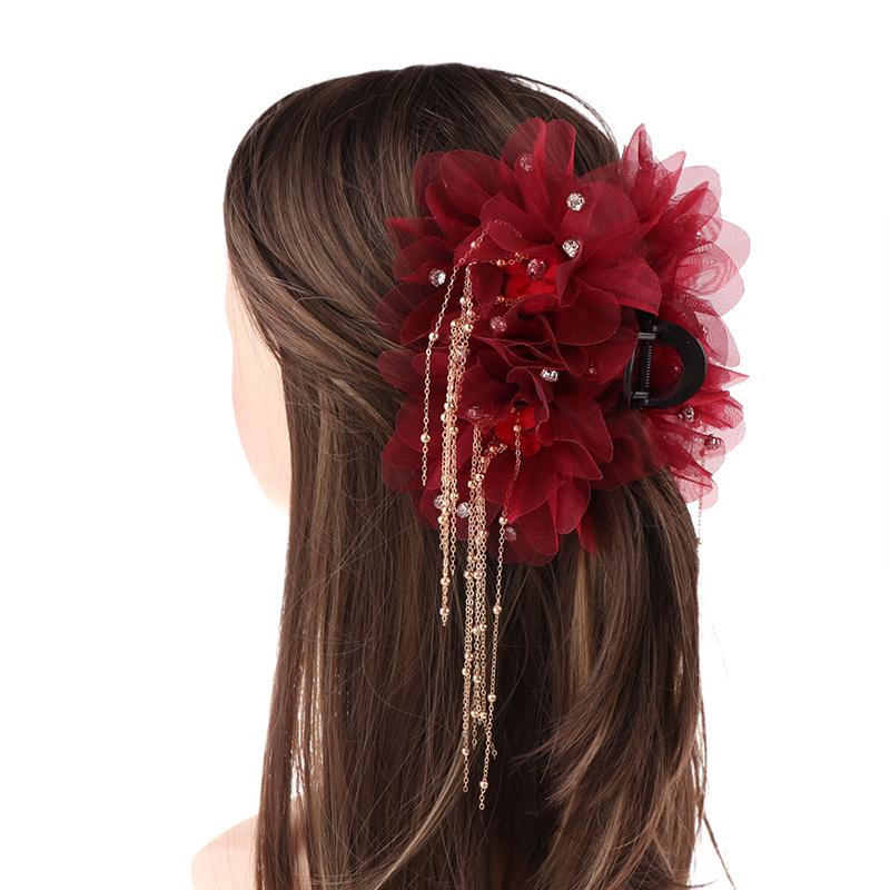 Trendige Süße Netzblumen Quaste Haarklammer Elegant Temperament Große Hai-Haarspange Damen Kopfschmuck Haaraccessoires