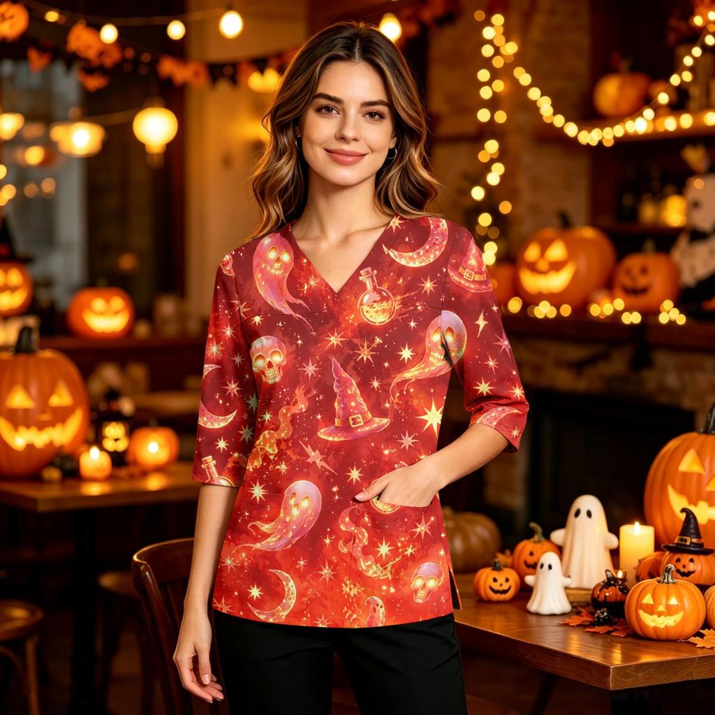 Women's Halloween Costume V-Neck with Pocket Side Slit 3/4 Sleeve Top