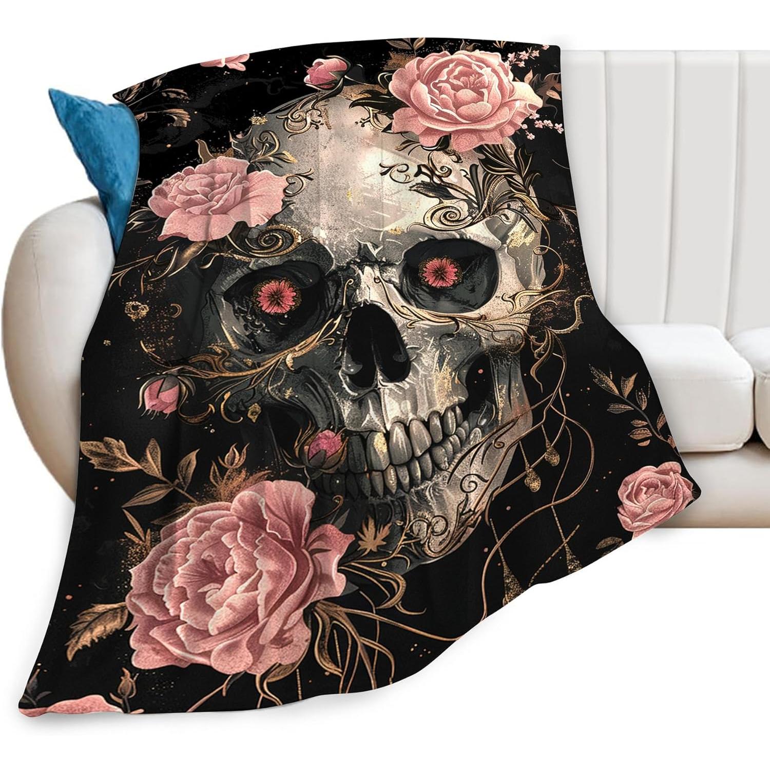 

Skull Roses Throw Blanket - Skeleton Gifts and Decor - Soft, Warm, Cozy Fleece Blanket for Couch, Sofa, Bed - 75x90cm