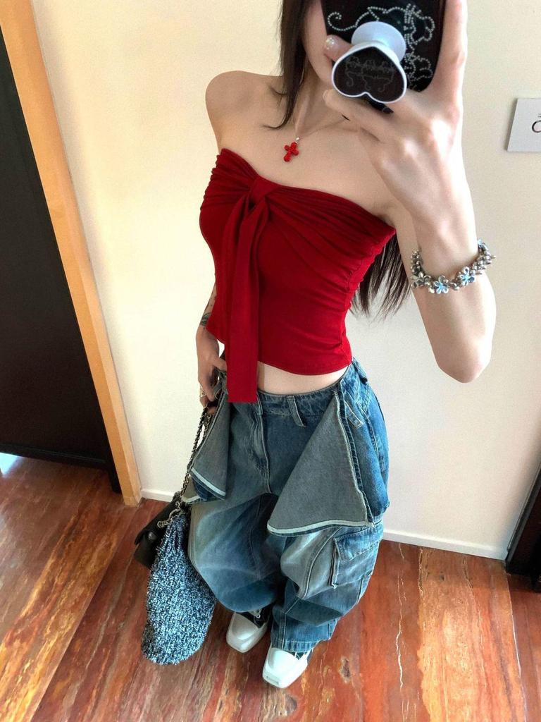 Damen Französisches Retro Schleife Trägerloses Weste - Sommer Pure Desire Wickel-Brust-Top