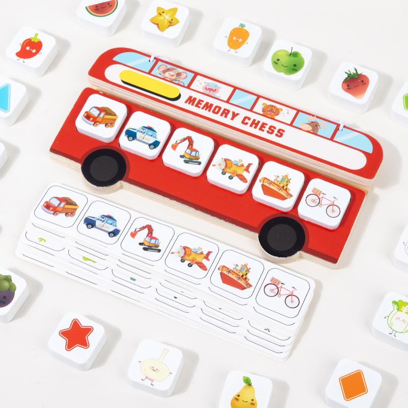 Wooden Bus Memory Chess Montessori Matching Board Game Color Cognition Fruit Shape Blocks Puzzles Educational Toys for Children