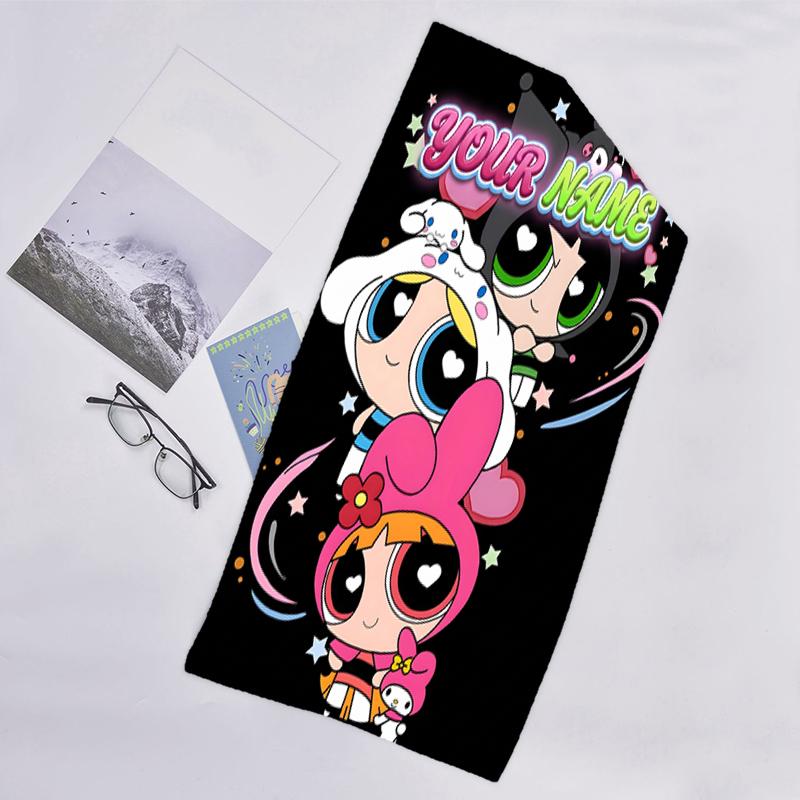 1pc Powerpuff Beach Towel with Custom Name, Beach and Seaside Swimming Pool Equipment, Fashion Pattern, Rectangular, Travel Essential