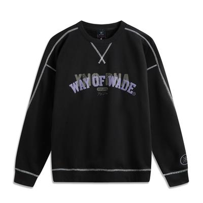 Li Ning X YNG DNA Collaboration Wade Series Round Neck Letter Print Embroidered Fleece Warm Loose Pullover Sweatshirt Men Sweatshirt Black AWDUH29-1