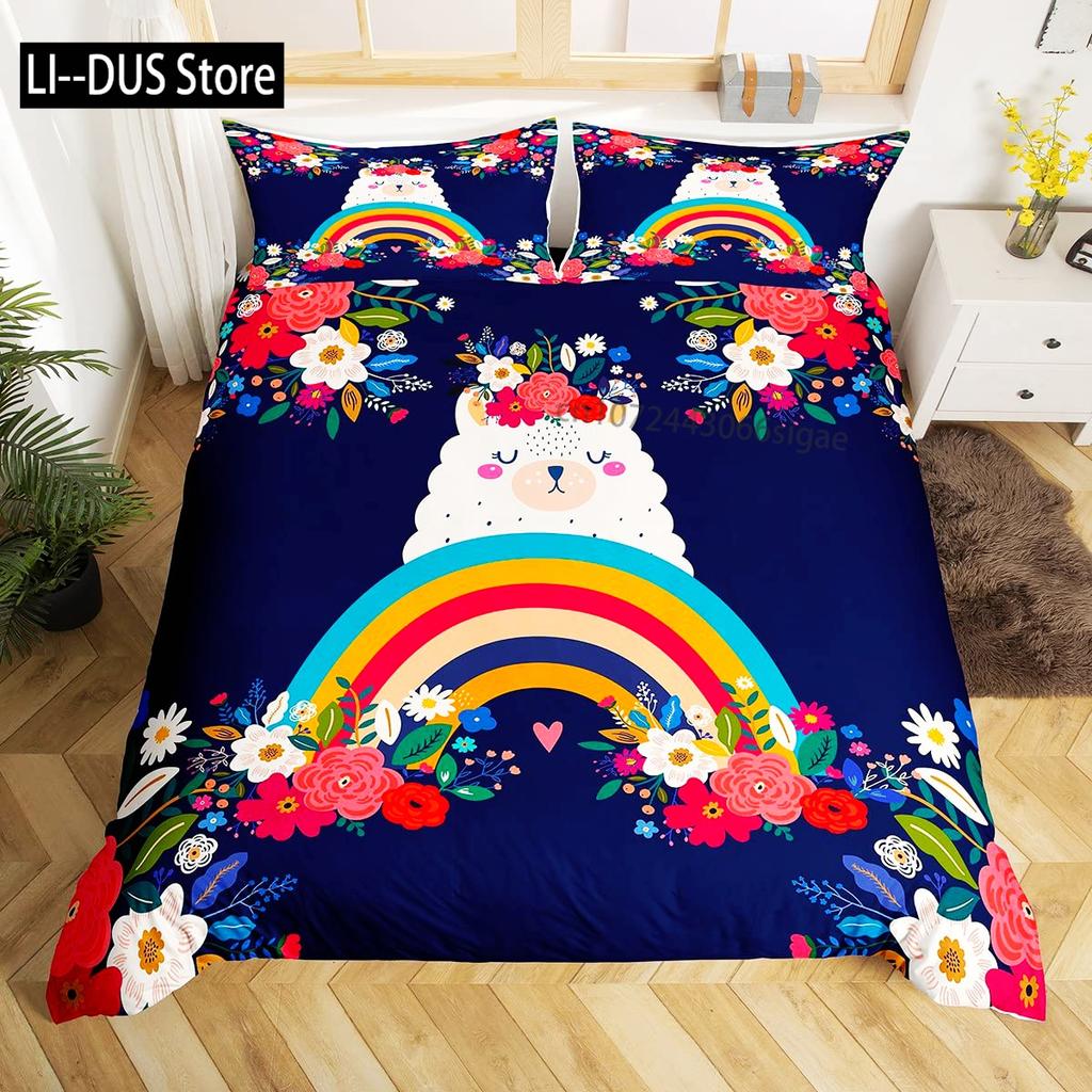 Lovely Cartoon Alpaca Llama Cactus Print Boys Girls Duvet Cover Set Full Size For Kids Teen Bedding Set Comforter Cover Decor