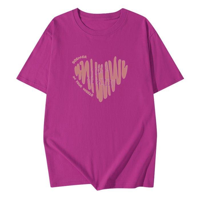 Women Plus Size Cotton T-Shirt Summer Short Sleeve Heart Print Mid-Long Loose Casual Pullover Top For 200lbs