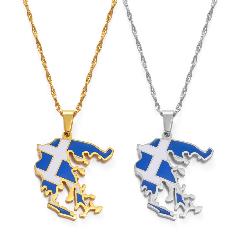 Anniyo Greece Map and Flag Pendants Necklaces Silver Color/Gold Color Greek Jewelry Patriotic @241621