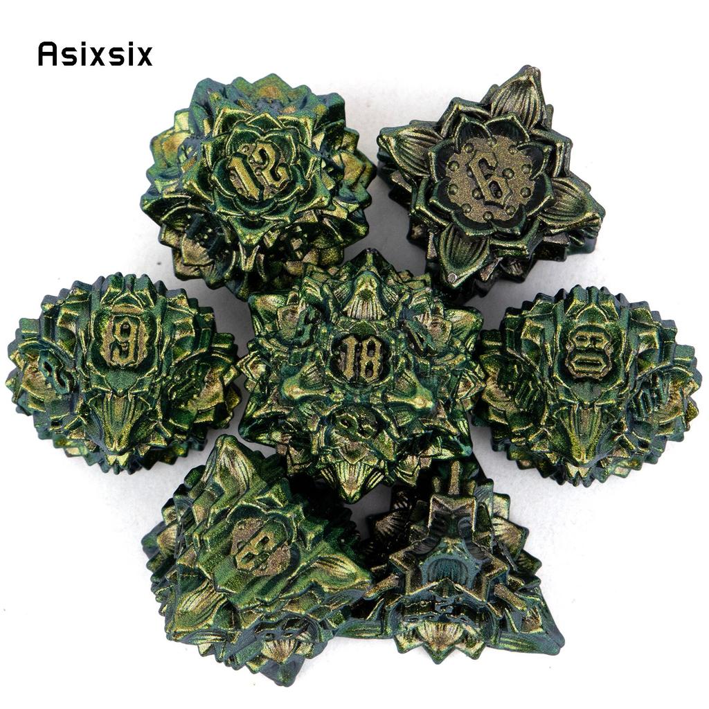 7 Pcs Green Yellow Lotus Flower  Metal Dice Solid Metal Polyhedral Dice Set Suitable for Role-Playing RPG  Board Game Card Game