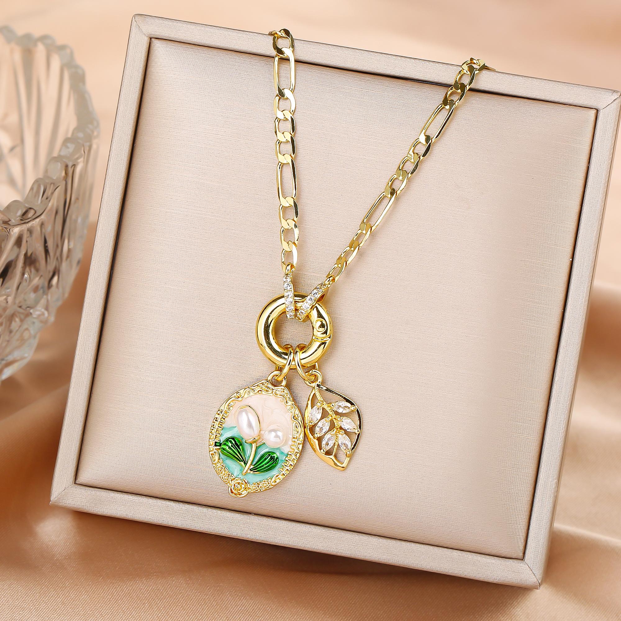 

Hot Sale Metal Oil Drop Ocean Series Flower Pearl Leaf Pendant Necklace Charming For Woman Girl Casual Vacation Zircon Gift
