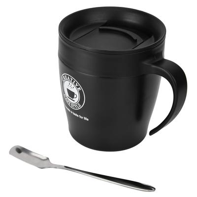Taza de café aislada de acero inoxidable, vaso de agua con cuchara y tapa para la oficina, viajes(Negro)