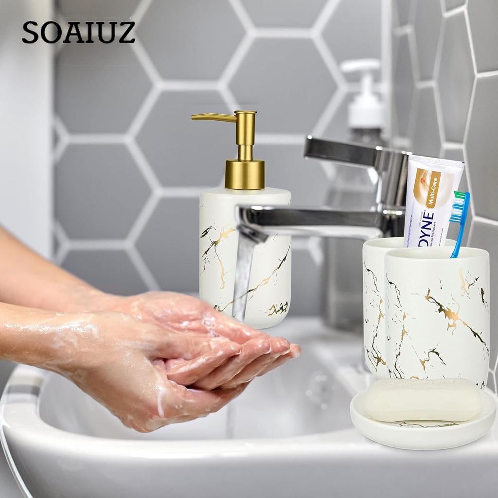 Sada koupelnových doplňků, 4dílná sada keramických koupelnových doplňků obsahuje 2 ks držáku na zubní kartáčky/kelímek, 300 ml tekutého mýdla nebo vody