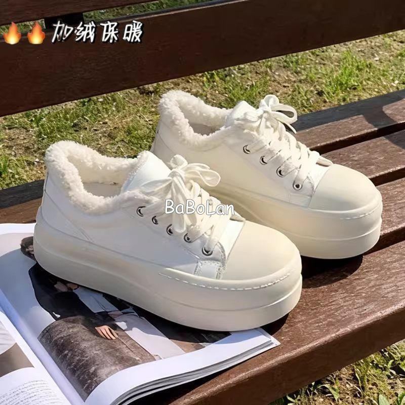 Fleece thick-soled big-headed bread shoes 22 autumn and winter new warm round-headed board shoes ugly and cute casual cotton shoes