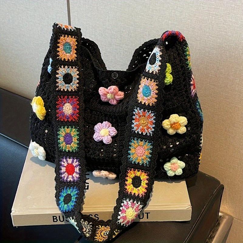 Bohemian Vintage Hollow Floral Contrast Casual Messenger Bag - Assorted Color Fabric with Buttons, Washable By Hand, Open Design, Ideal for Women