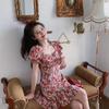 Women's Square Neck Short Sleeve Mini Dress A-Line High Waist French Vintage Floral Print Sweet Summer Casual Dress