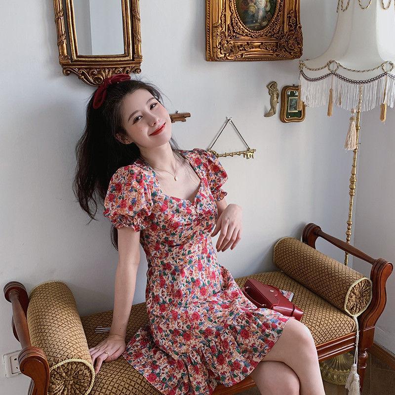 Women's Square Neck Short Sleeve Mini Dress A-Line High Waist French Vintage Floral Print Sweet Summer Casual Dress