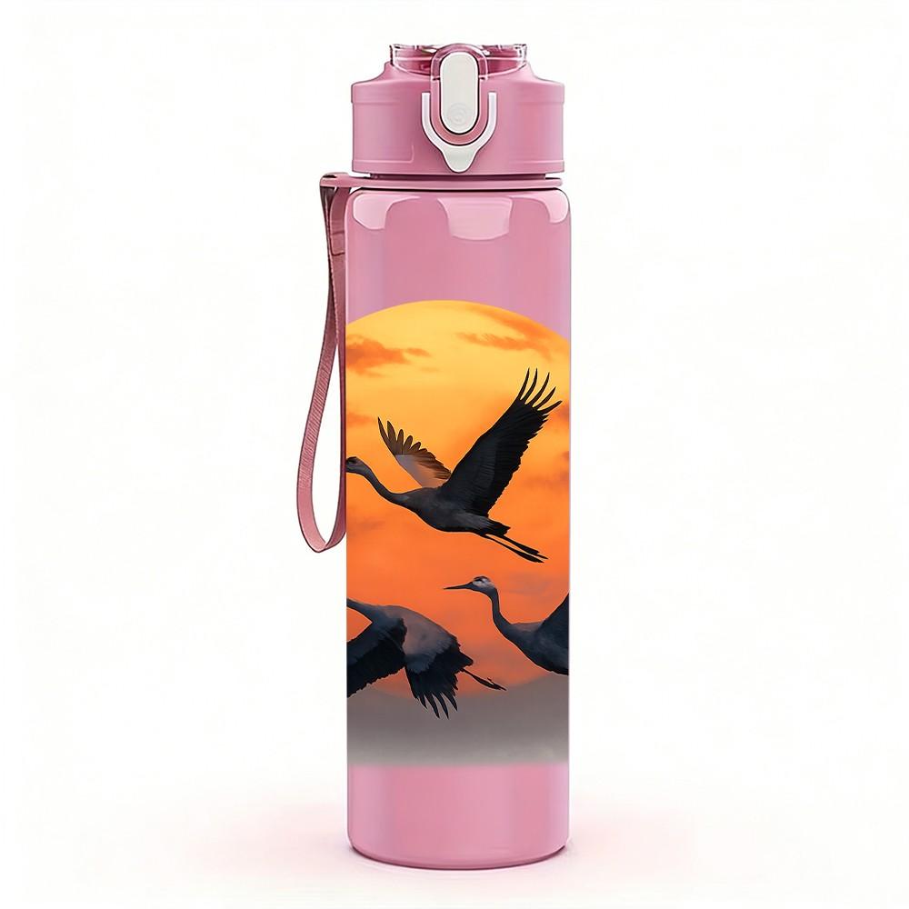 1PC Sunset Flying Eagle Pattern 750ml Color Plastic Sports Water Bottle Leakproof Flip Straw Lid Suitable for Sports Office Home Use