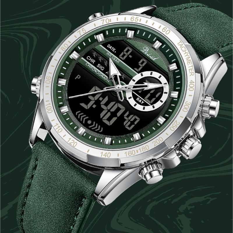 Los últimos relojes deportivos de moda, manecillas multifuncionales, resistente al agua, correa de cuero luminosa, doble pantalla, relojes de negocios de lujo para hombres