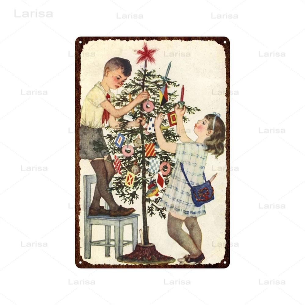 Christmas Vintage Tin Sign Santa Claus Plaque Metal Retro Plate Poster for Club Living Room Kitchen Home Wall Art Decoration