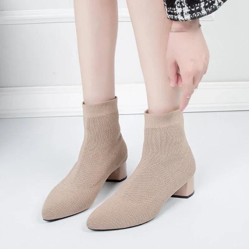Woman Knitted Ankle Boots  Autumn Winter Women‘s Casual Low Heel Pumps Ladies Outside Shoes Female Casual Chelsea Boots