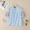 ZANZEA Women Casual V-Neck Summer Short Sleeve Embroidery Stripe Blouse
