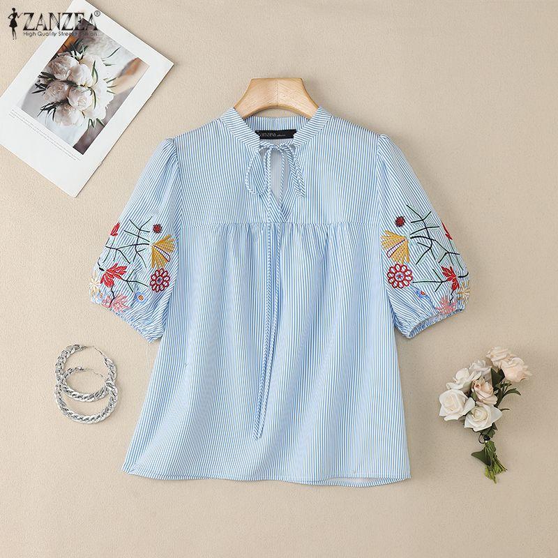 ZANZEA Women Casual V-Neck Summer Short Sleeve Embroidery Stripe Blouse